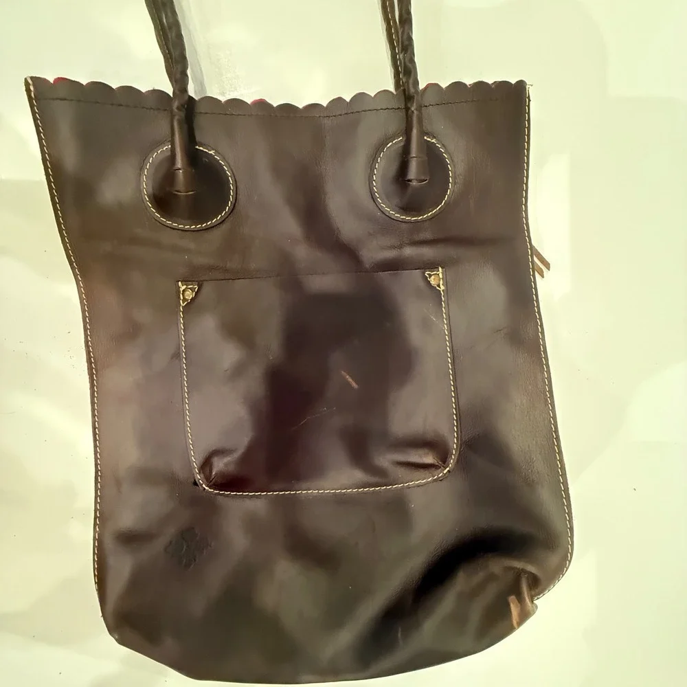 Patricia Nash Dark Brown Leather‎ Floral Cutout Scalloped Tote Bag Pink Lining